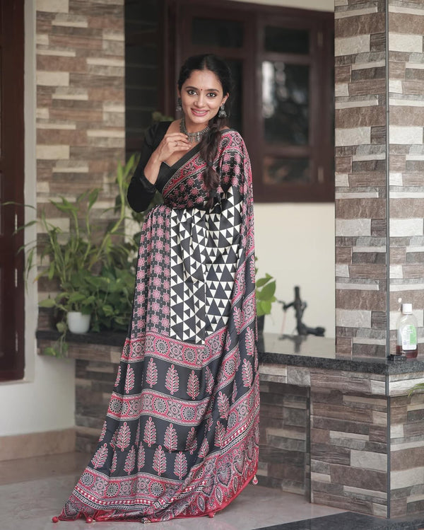 Maroon Black Ajrakh Primum Modal Silk Saree With Blouse