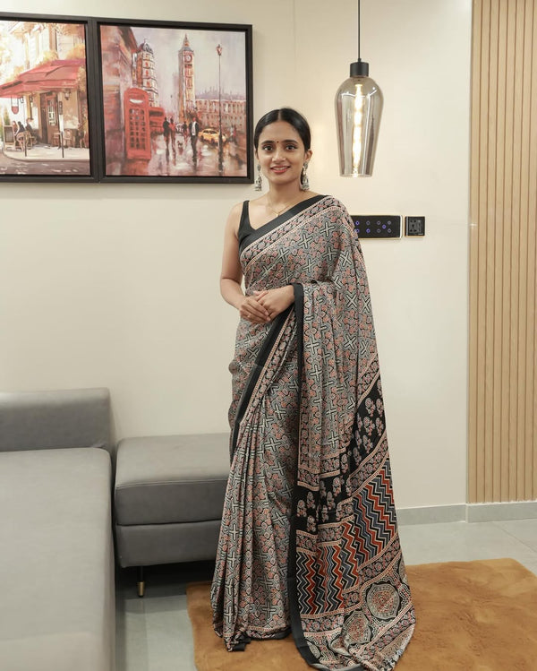 Black Line Ajrakh Primum Modal Silk Saree With Blouse
