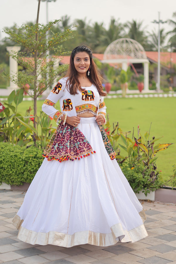 White Cotton Gamthi Work Navratri Lehenga with Koti and Kodi Lace Full Flare for Garba Nights