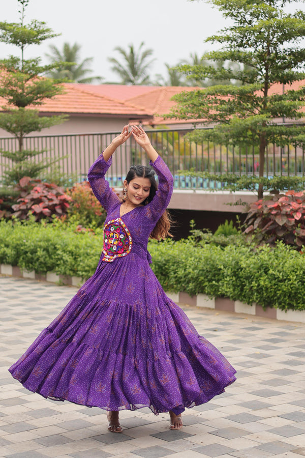 Purple Navratri Gown Faux Georgette with Heavy Gamathi Mirror Work Dandiya Nights