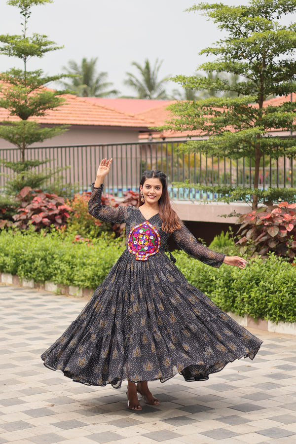 Black Navratri Gown Faux Georgette with Heavy Gamathi Mirror Work Dandiya Nights