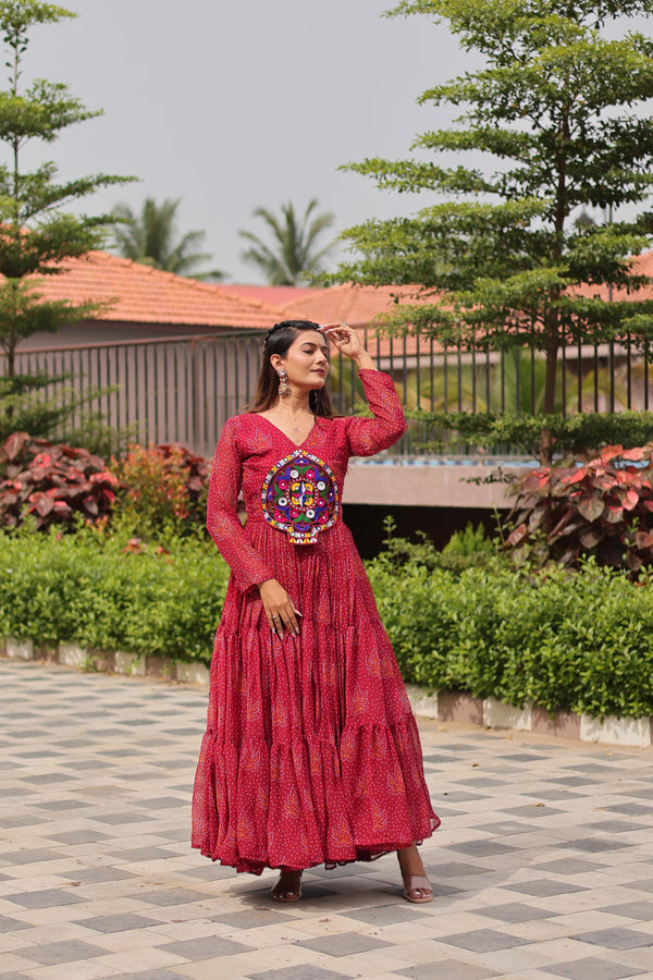 Red Navratri Gown Faux Georgette with Heavy Gamathi Mirror Work Dandiya Nights