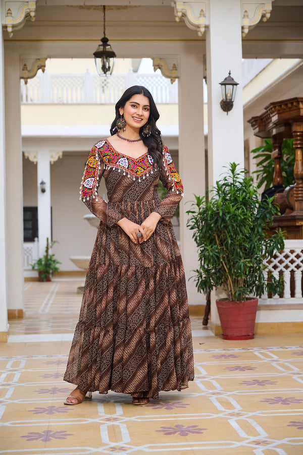 Brown Georgette Bandhej Printed Kurti with Kachchi Work