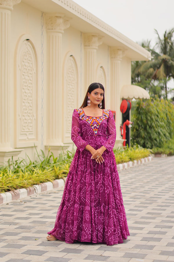 Navratri Special Georgette Tiered Gown in Purple