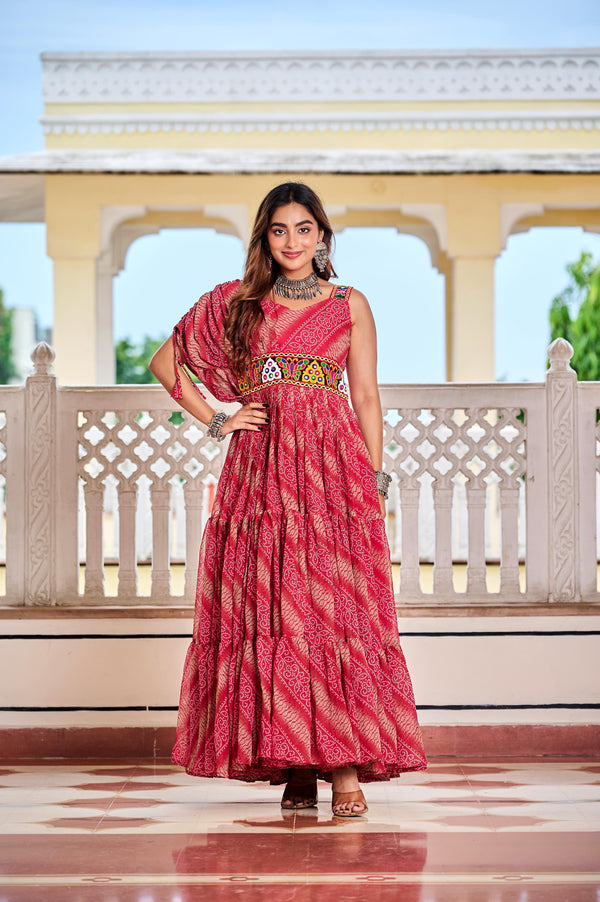 Maroon Navratri Dress With Big Flair Bandhani Print and Gamathi Real Mirror