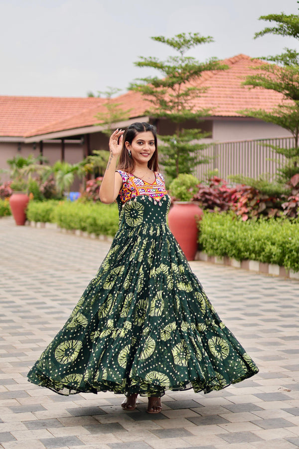 Green Celebrate The Spirit Of Navratri In This Vibrant Faux Georgette Gamthi Work Gowns