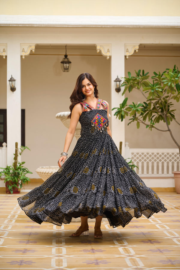 Black Bandhani Georgette Gown with Real Mirror Codi Lace Garba Night Statement Look