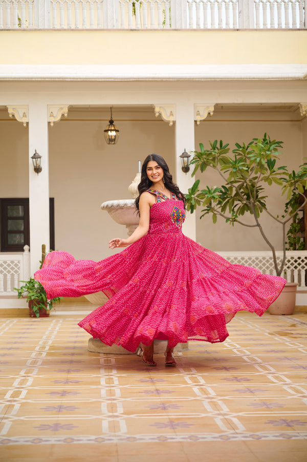 3 Pink Bandhani Mirror Work Gown Fully Stitched Festive Outfit for Ras Garba Nights