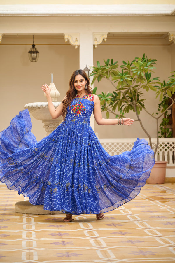 Royal Blue Georgette Gown with Gamathi Work Ideal for Dandiya Celebrations