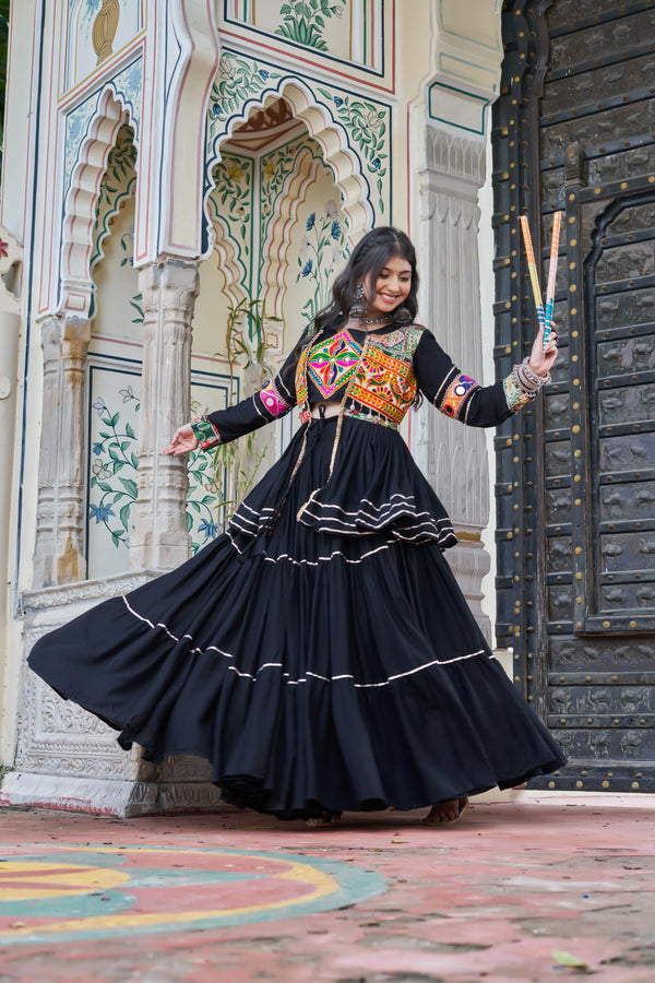 Black Gamthi Mirror Work Navratri Lehenga Set Cotton Perfect for Garba Nights