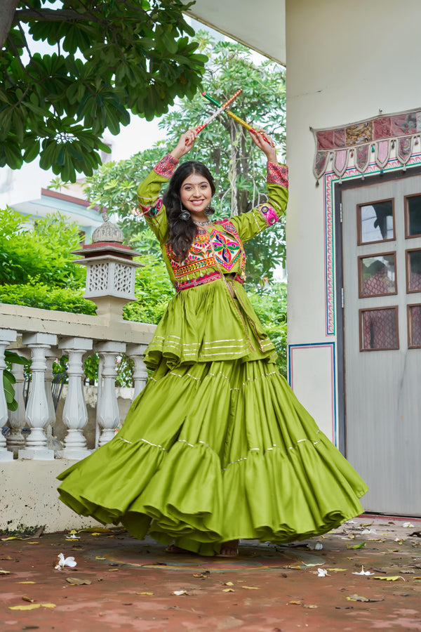 Parrot Color Gamthi Mirror Work Navratri Lehenga Set Cotton Perfect for Garba Nights