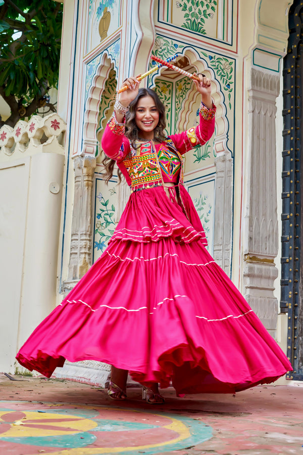 Pink Color Gamthi Mirror Work Navratri Lehenga Set Cotton Perfect for Garba Nights
