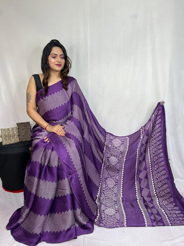 Purpal Ajrakh Primum Modal Silk Saree With Blouse