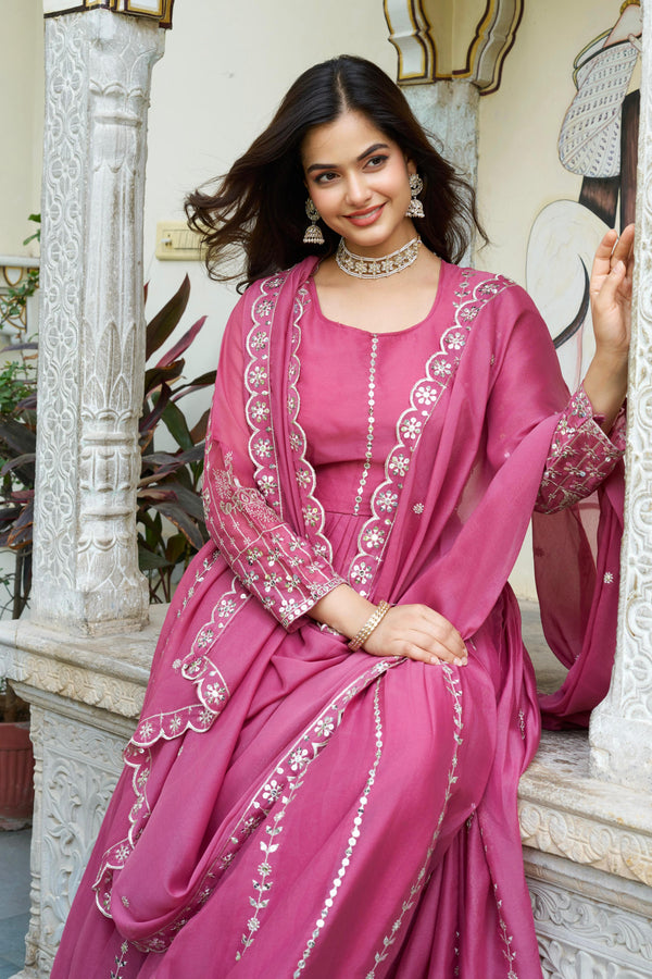 Pink Star Georgette Designer Gown with Dupatta