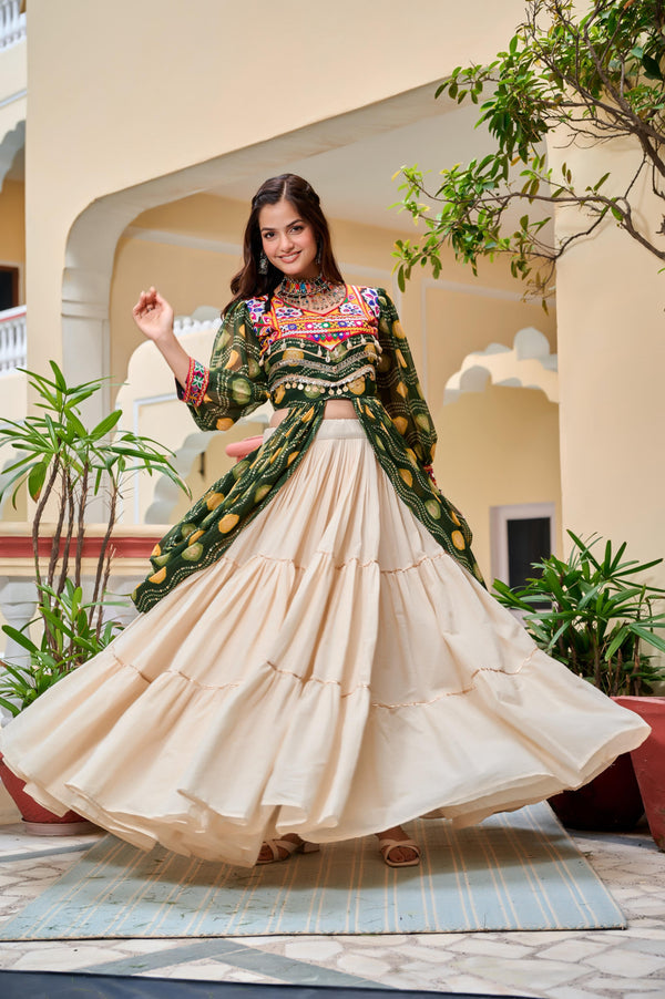 Green Navratri Lehenga With Fancy Top With Gamthi Patch and Mirror Lace