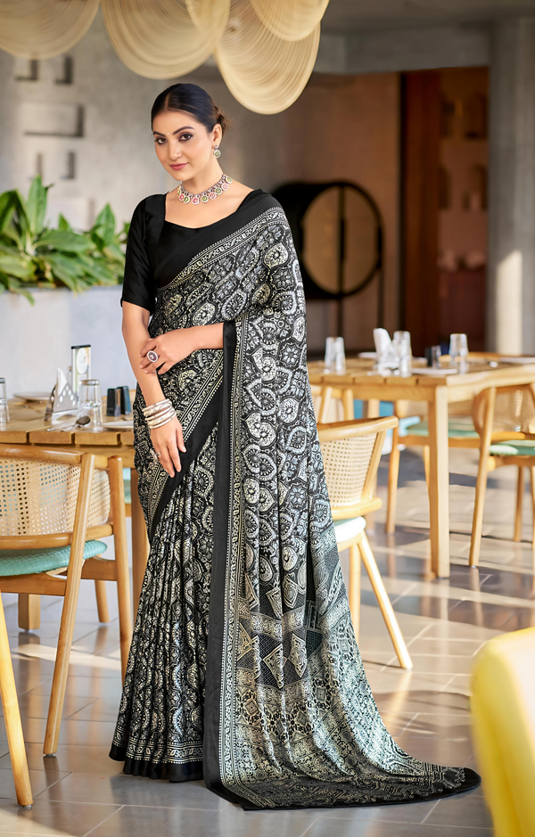 Vibrant Black Ajrakh Printed Soft Modal Silk Natural Print Saree P2