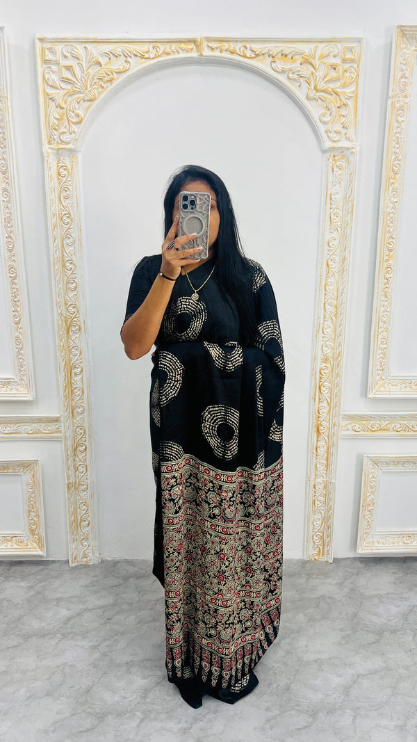 Beautiful Black Ajrakh Pure Gajji Silk Saree WIth Tasselk