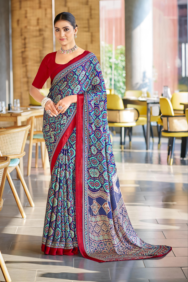 Vivid Blue Ajrakh Printed Soft Modal Silk Natural Print Saree