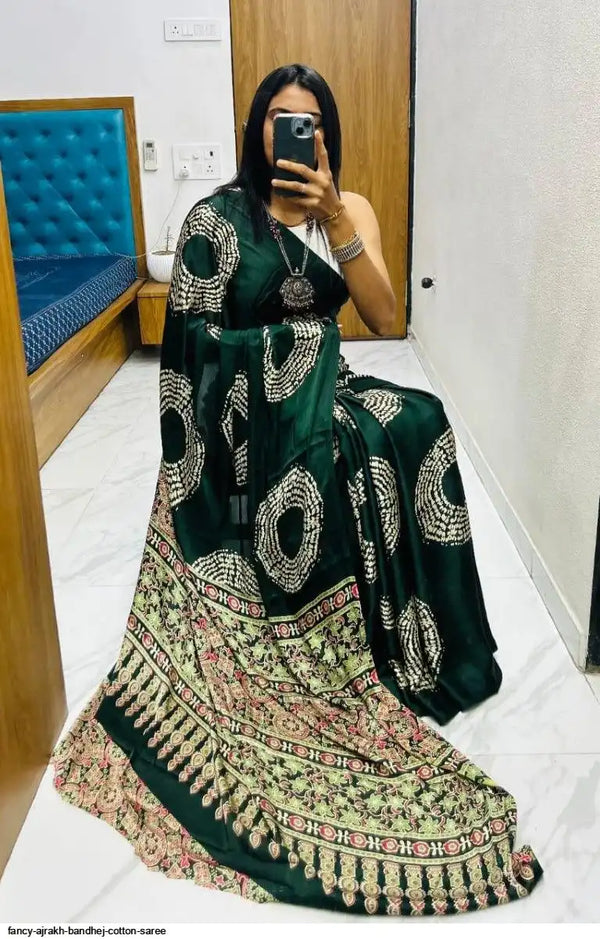 Green Ajrakh Primum Modal Silk Saree With Blouse
