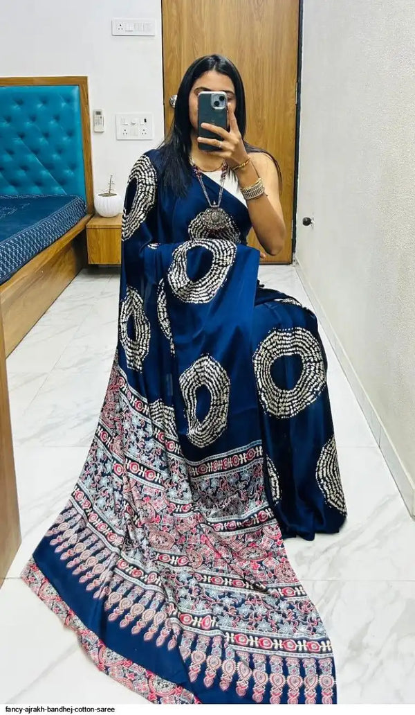 Blue Ajrakh Primum Modal Silk Saree With Blouse