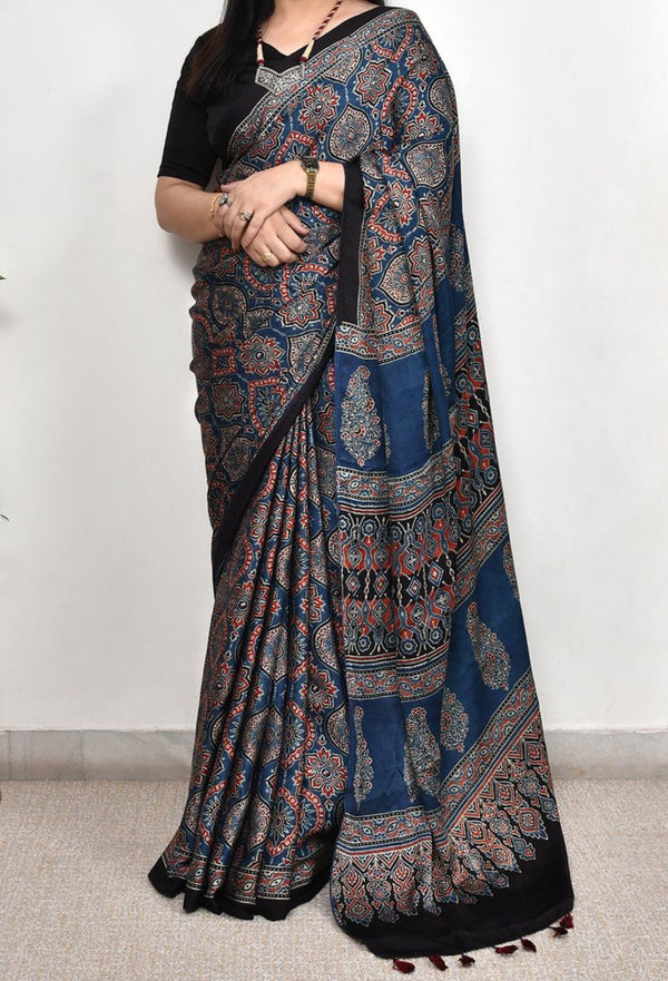 Blue Ajrakh Printed Soft Gaji Silk Natural Print Saree