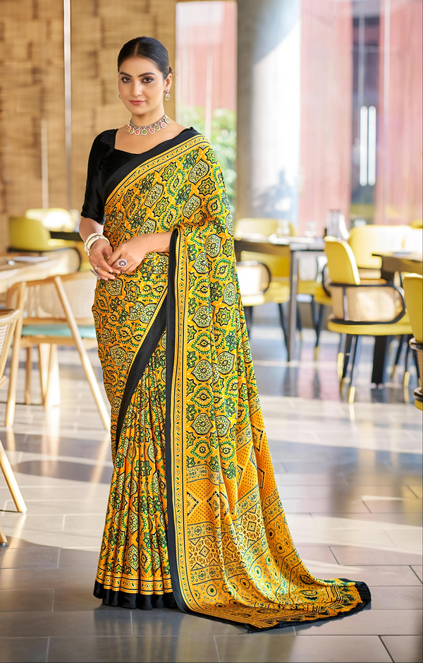Brilliant Yellow Ajrakh Printed Soft Modal Silk Natural Print Saree P2